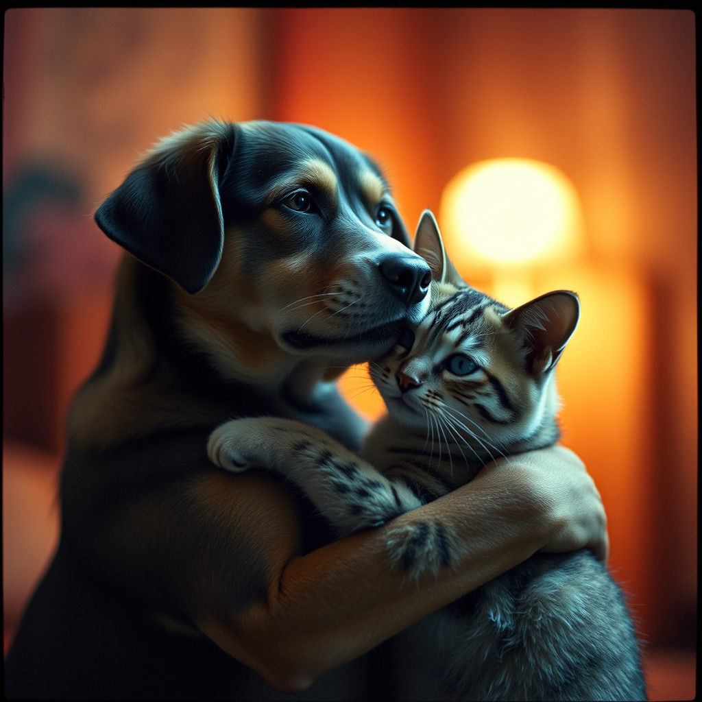 Dog and Cat Embrace: Cinematic Film Still