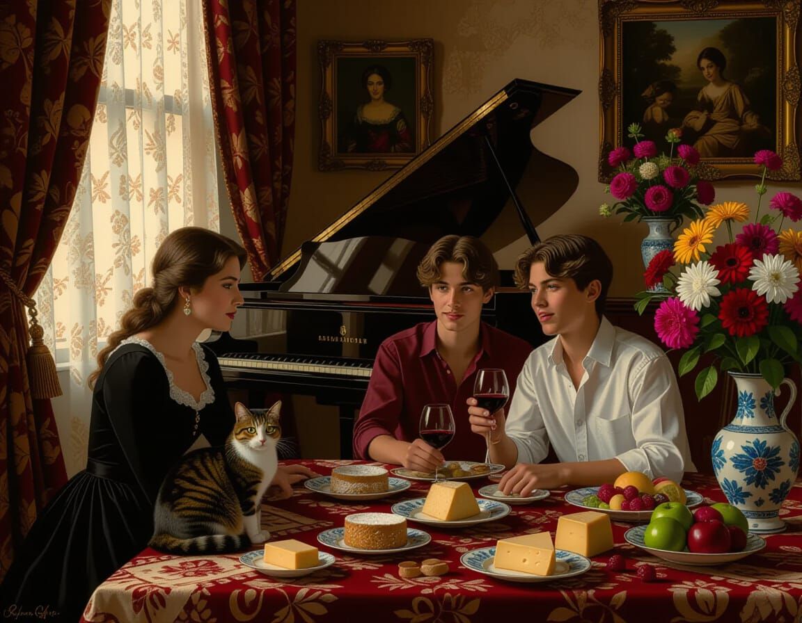 Melancholic Lounge Scene with Woman, Cat, and Teens