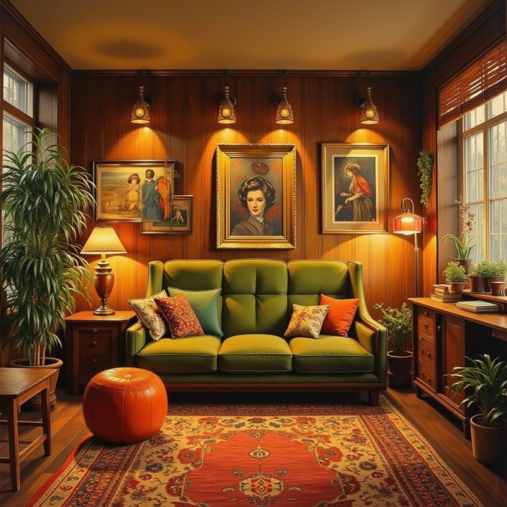 Mid-Century Modern Living Room Oil Painting