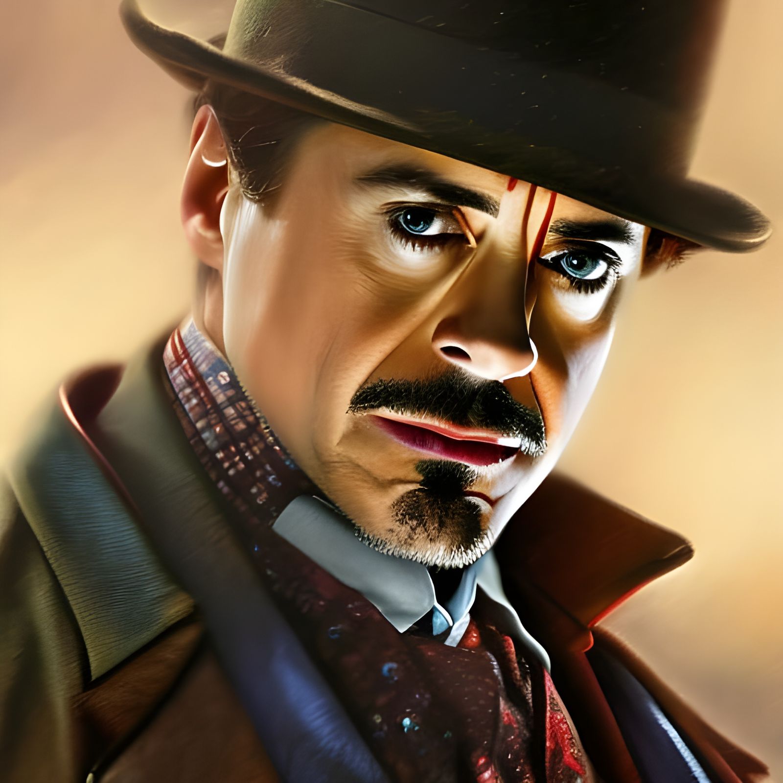Robert Downey Jr as sherlock holmes side to side, oil painting by thomas Kinkade, movie poster, perfect, smooth a master...