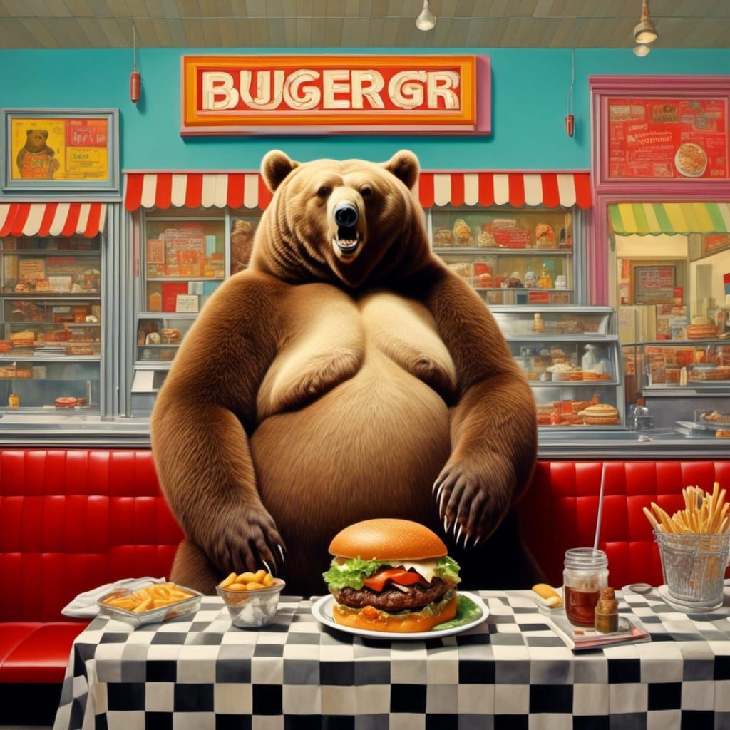 Obese Bear at Burger Shop, Vintage Portrait