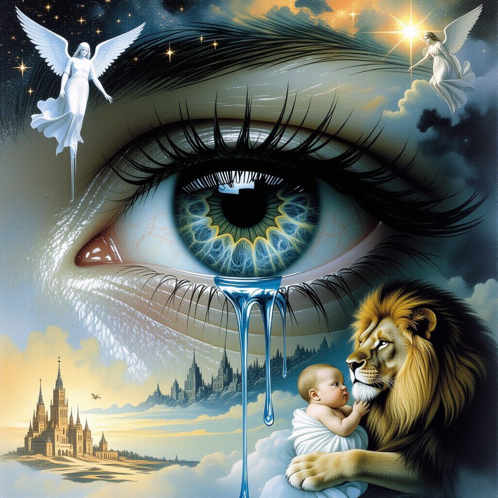 Eye Reflecting Life, Death, and Surreal Landscape