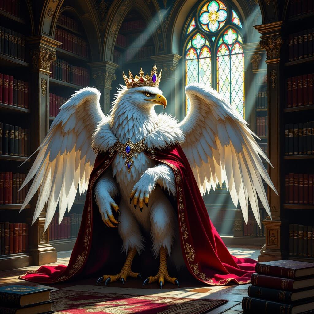 Majestic Griffin Guards Ancient Library in Oil Painting Styl...