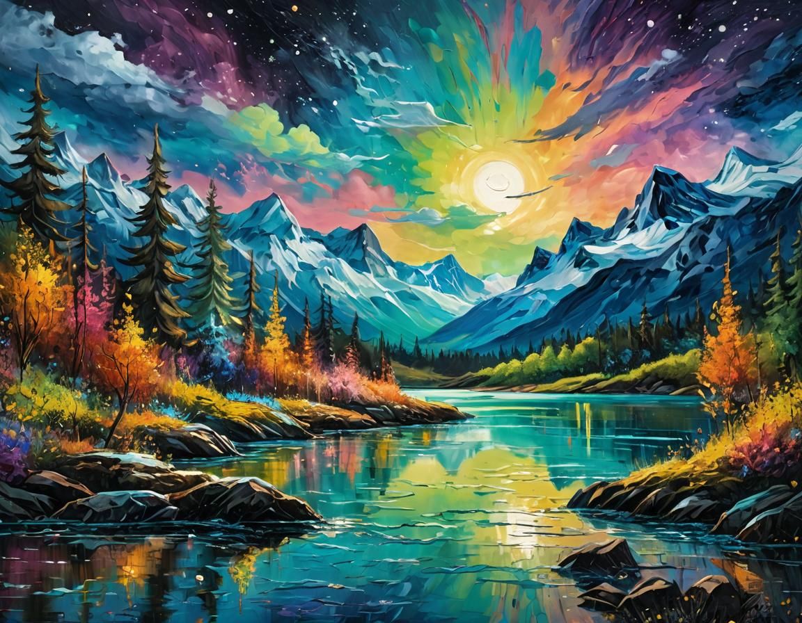 Magical Forest God Overlooking Glacier Lake as Impasto Paint...