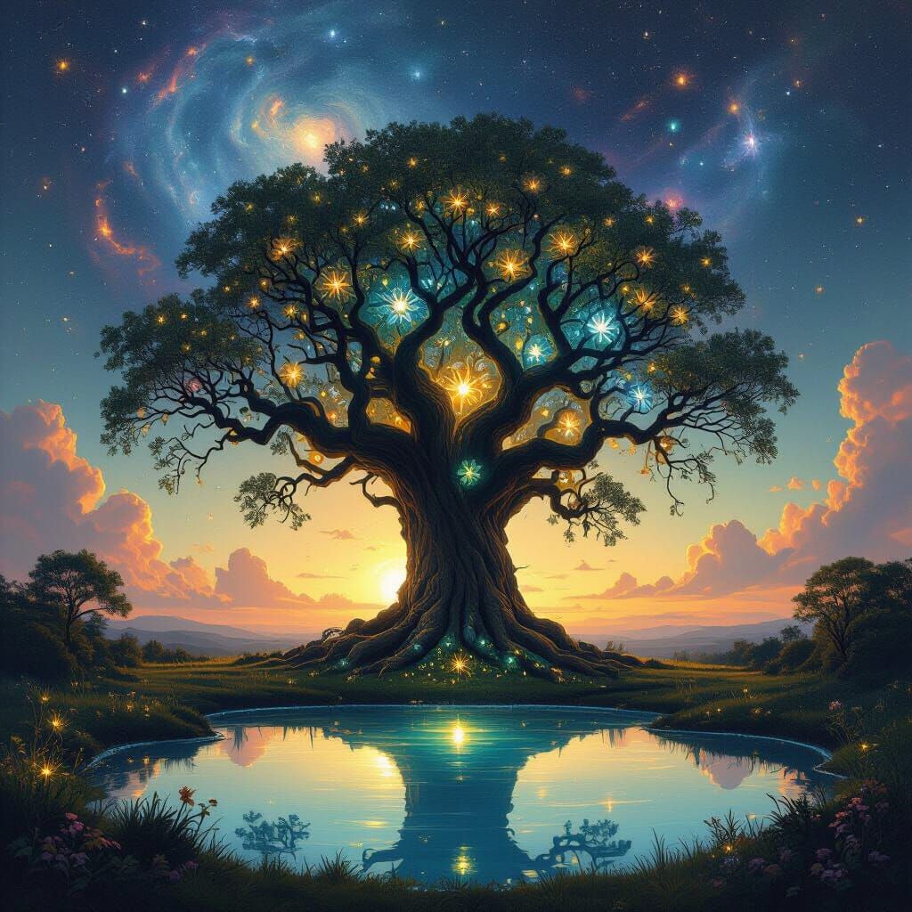 Glowing Ancient Tree Against Nebula Sky in Digital Art