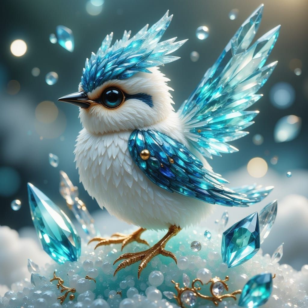 Baby Bird on Crystal Sculpture in Ethereal Winter Jewel Styl...