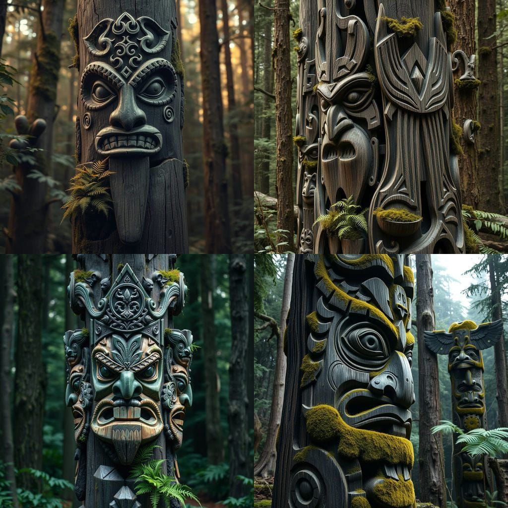 Ancient Carved Wooden Totem Pole in Mystical Forest