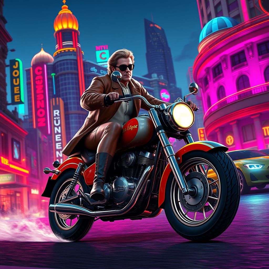 Doc Savage Rides Dieselpunk Motorcycle in Art Deco City