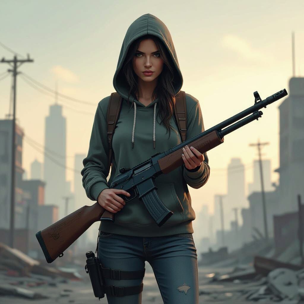 Post-Apocalyptic Woman with Shotgun in Ruined City