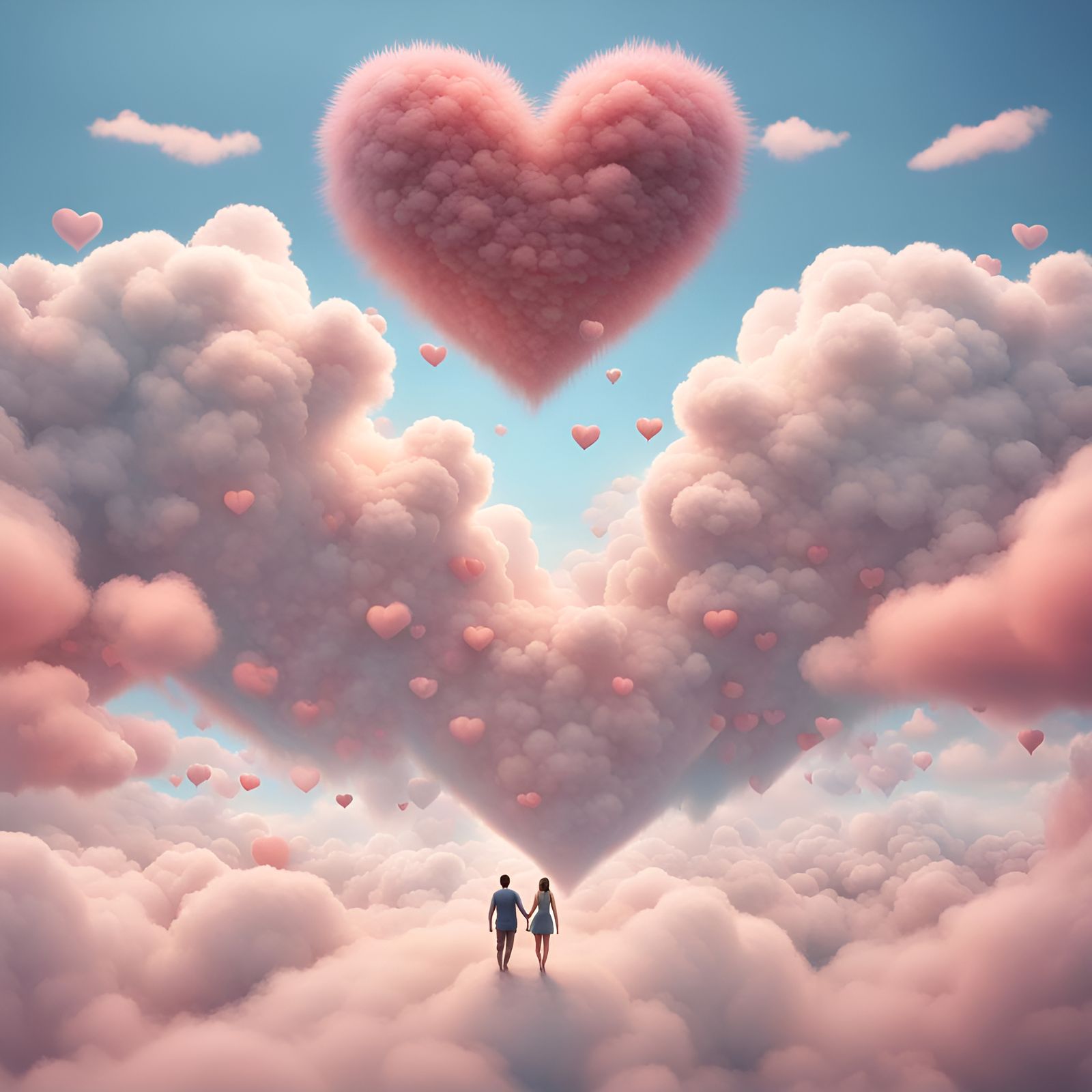 Couple Floating on Heart-Shaped Clouds