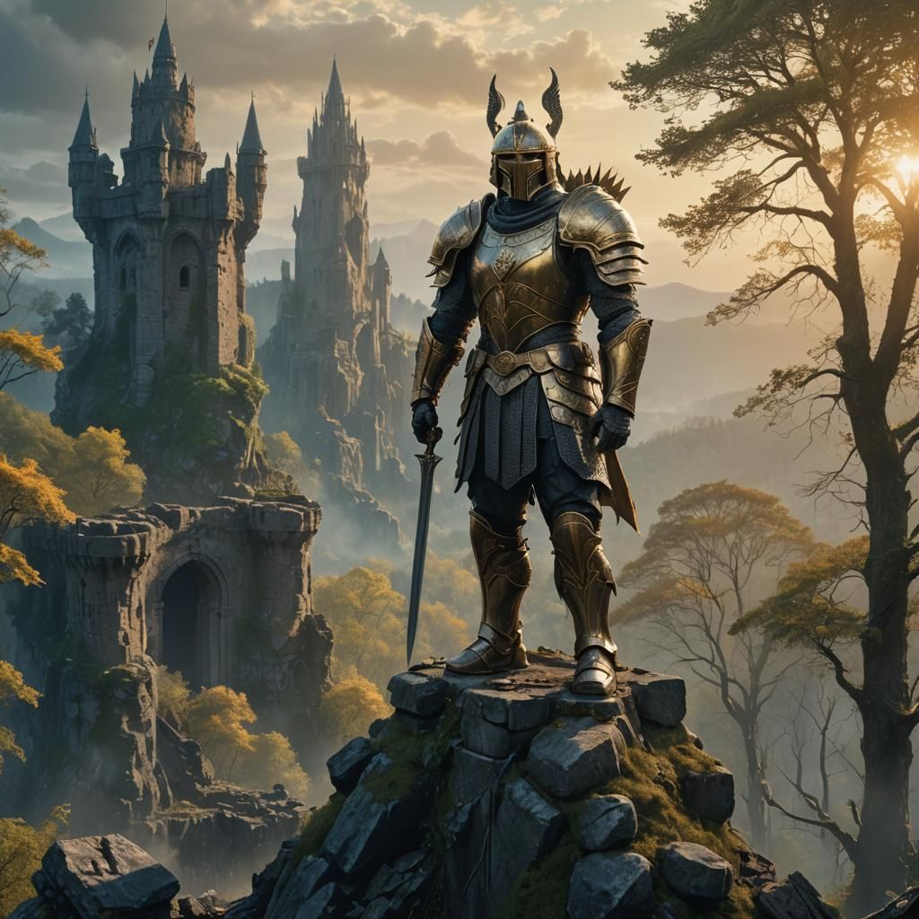 Armored Warrior Victorious in Ethereal Forest: Fantasy Conce...