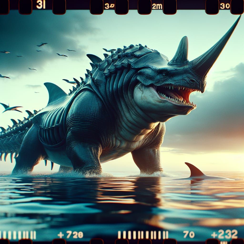 Rhino-Shark Hybrid Creature in Cinematic Film Still