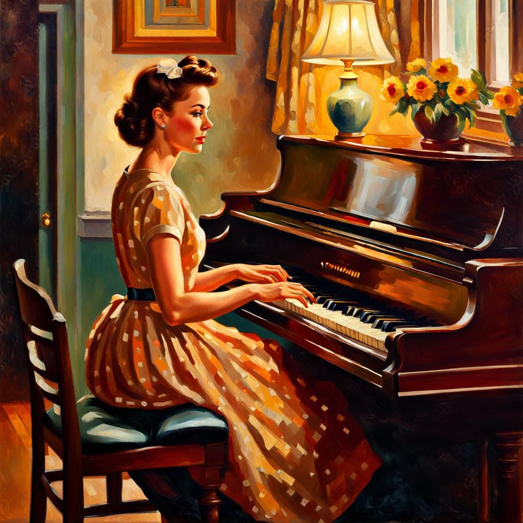 1950s Woman at Piano in Rockwell Impressionism