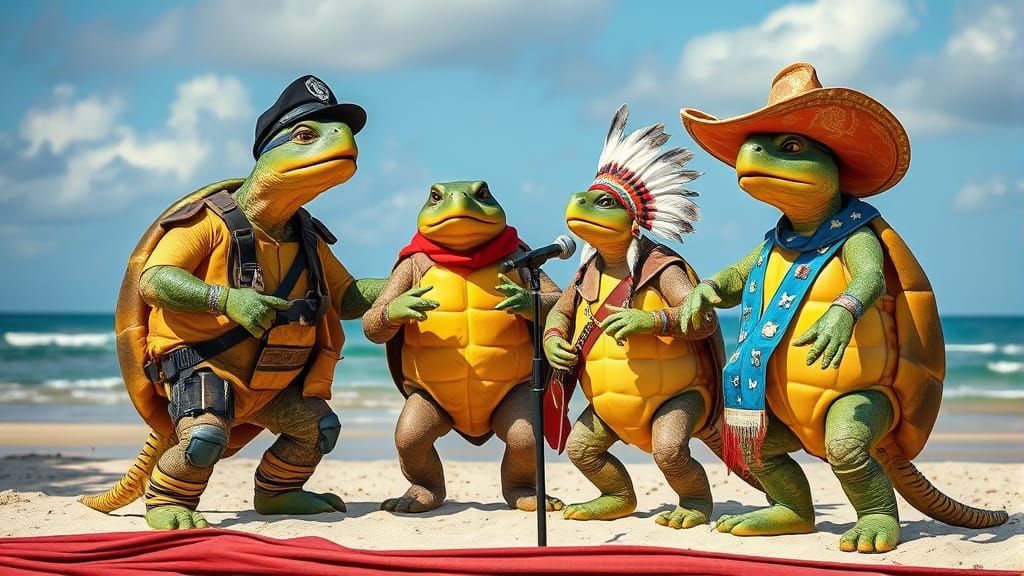 Turtles in Costume Sing on Beach Stage