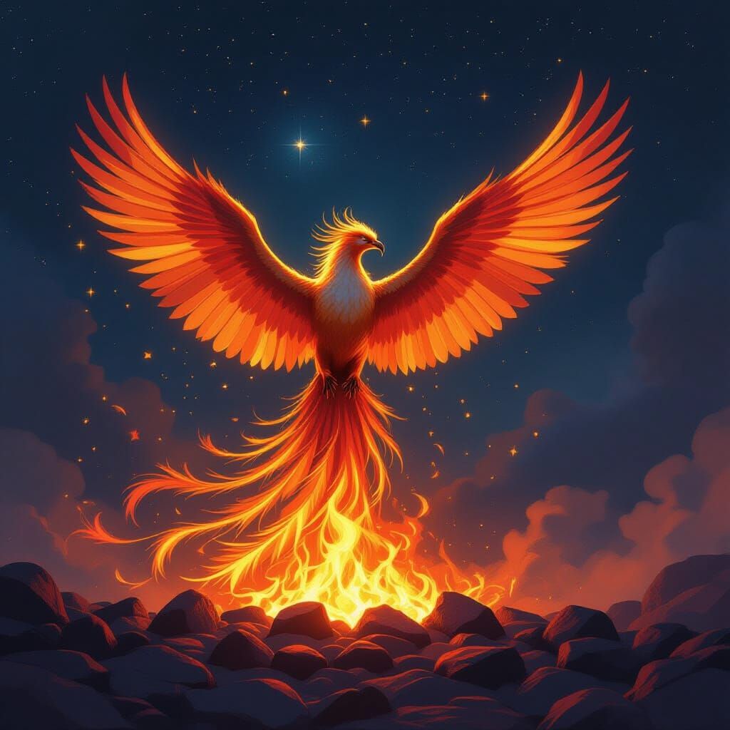 Majestic Phoenix Rises From Embers in Epic Fantasy Style