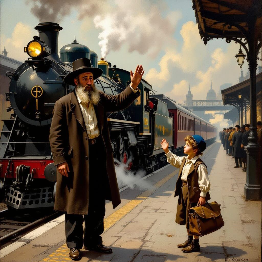 Rembrandt Style Oil Painting of Train Departure
