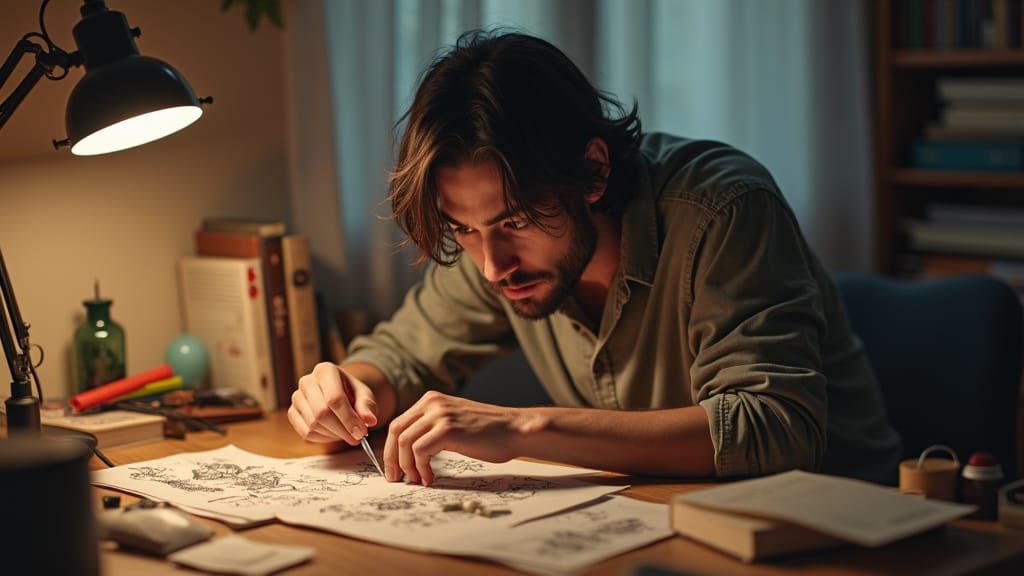 Man Struggles with Papercraft in Cozy Room