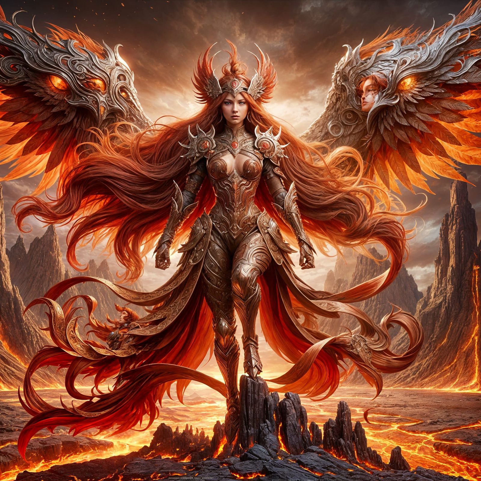 Fiery Warrior on Armored Phoenix, Art Nouveau Style