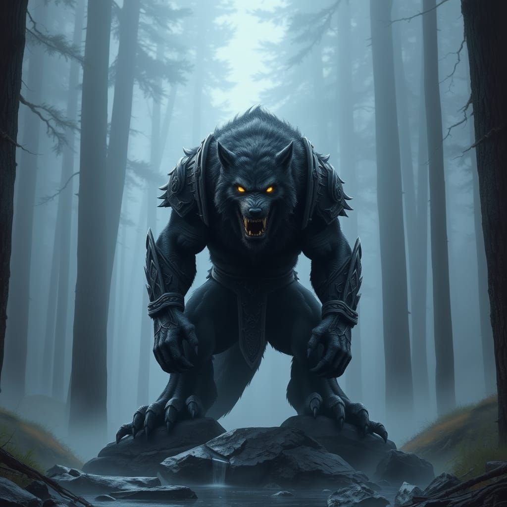 Majestic Werewolf Dominates Misty Forest Landscape in Dark F...