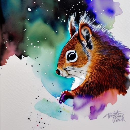 Red Squirrel Winter Portrait in Watercolor Style