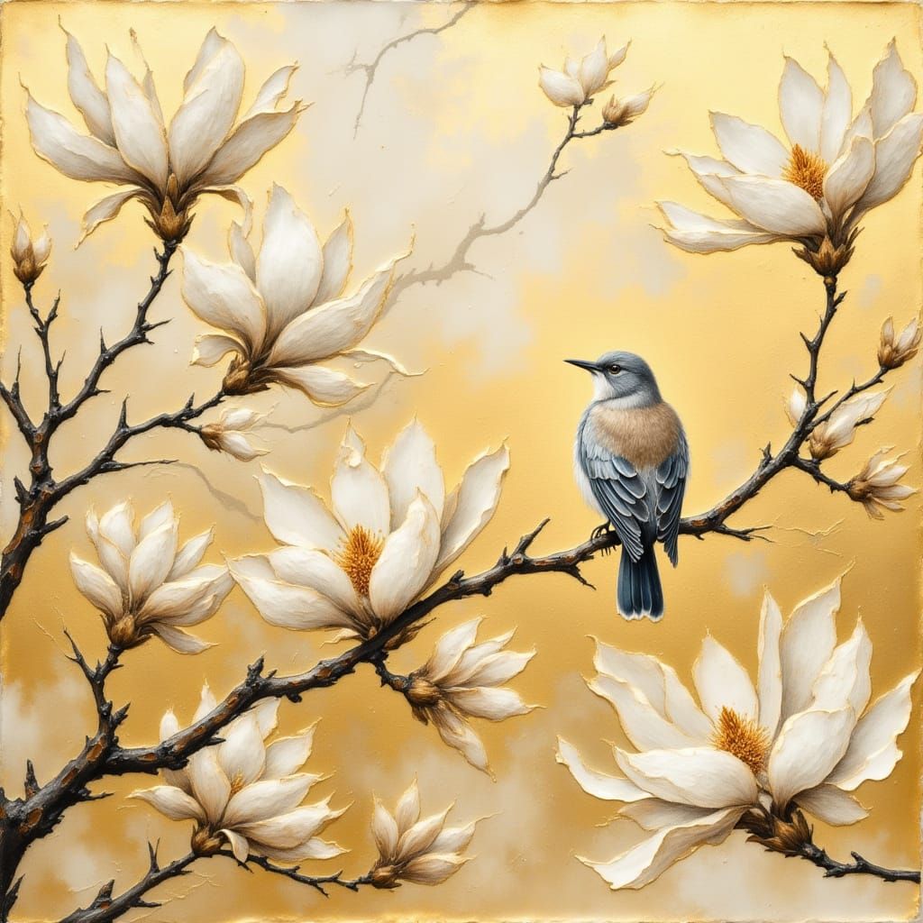 Stylized Bird on Magnolia Tree in Gold Impasto