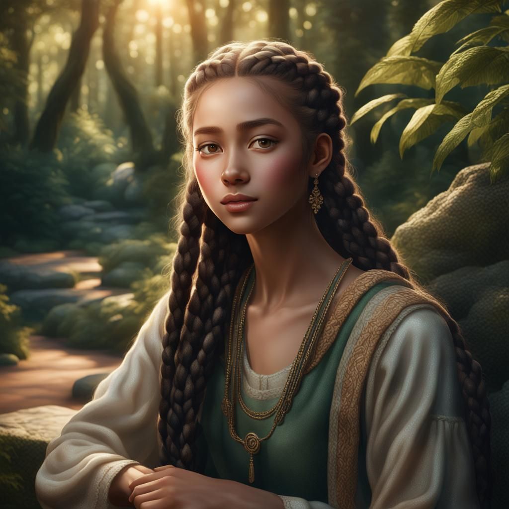 Woman with Braids in Golden Hour Light: Digital Art