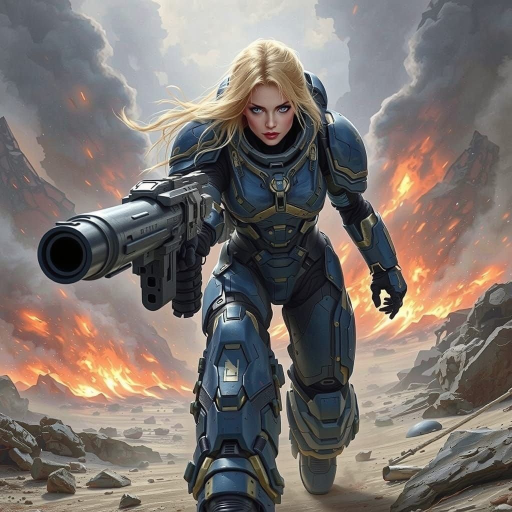 Blonde Warrior in Power Armor on Alien Battlefield