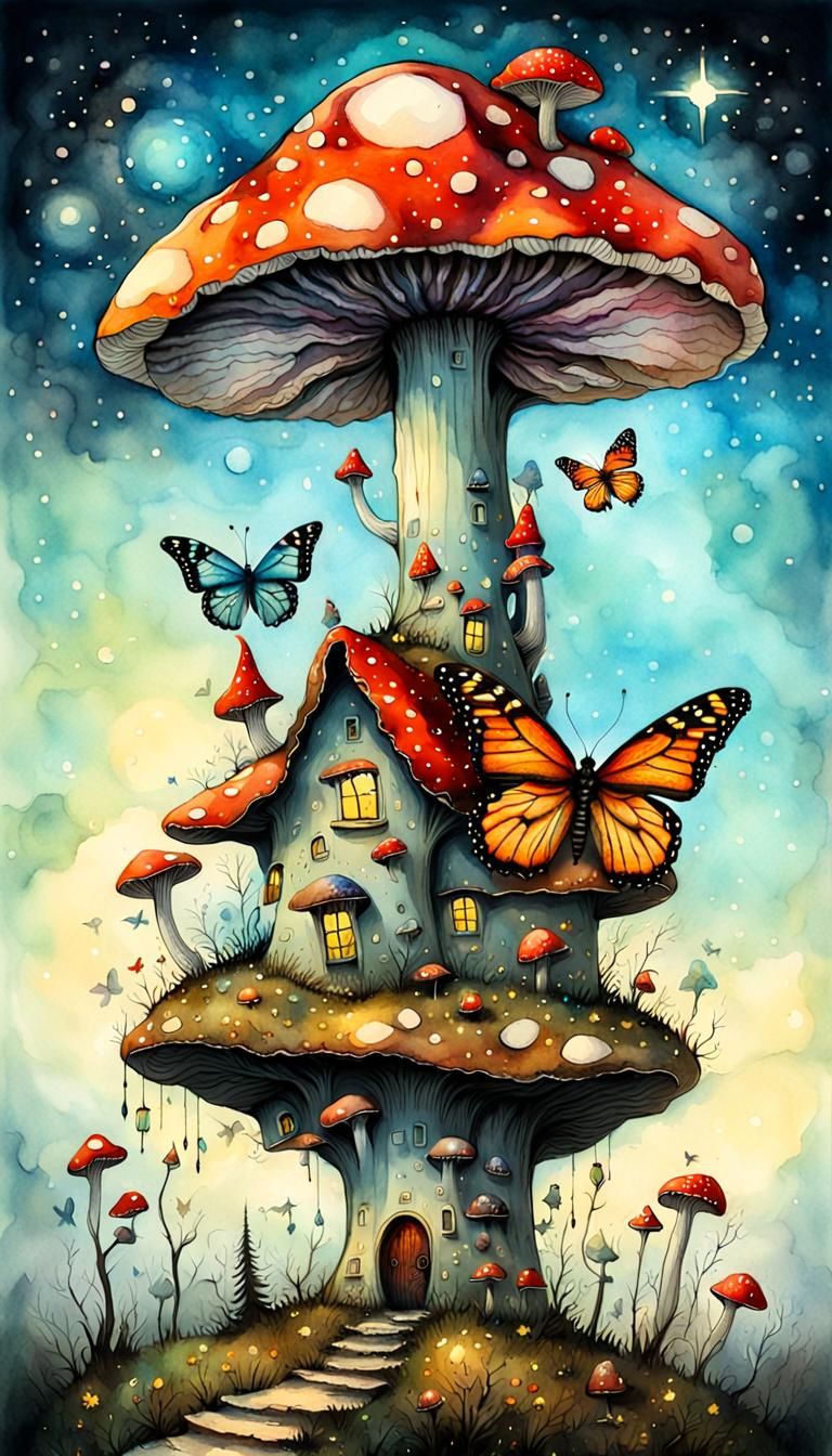 Whimsical Butterfly on Mushroom, Luminous Watercolor