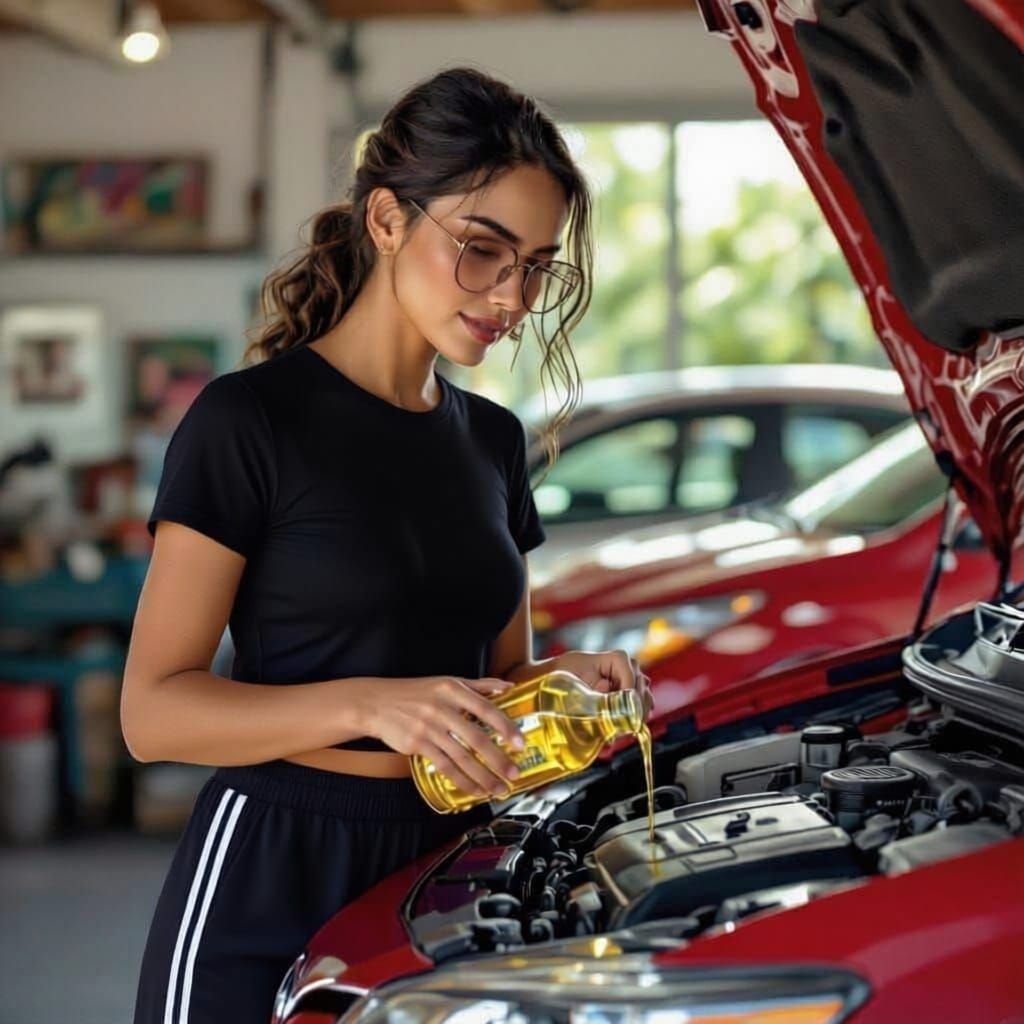 Latina Woman Changing Oil, Vibrant Digital Realism