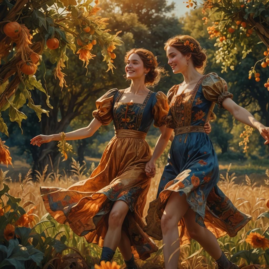 Women Dancing in Harvest Festival, Pre-Raphaelite Style