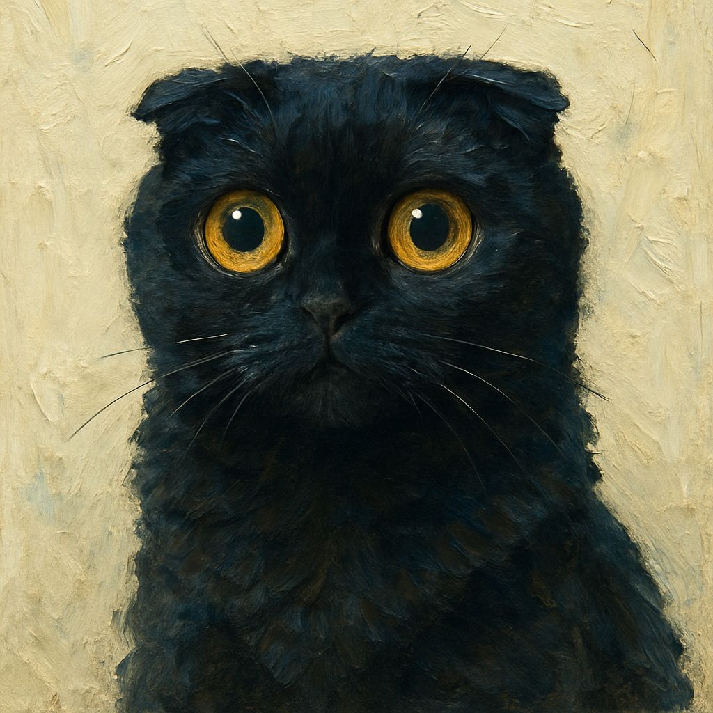 Black Scottish Fold Cat in Gouache and Watercolor