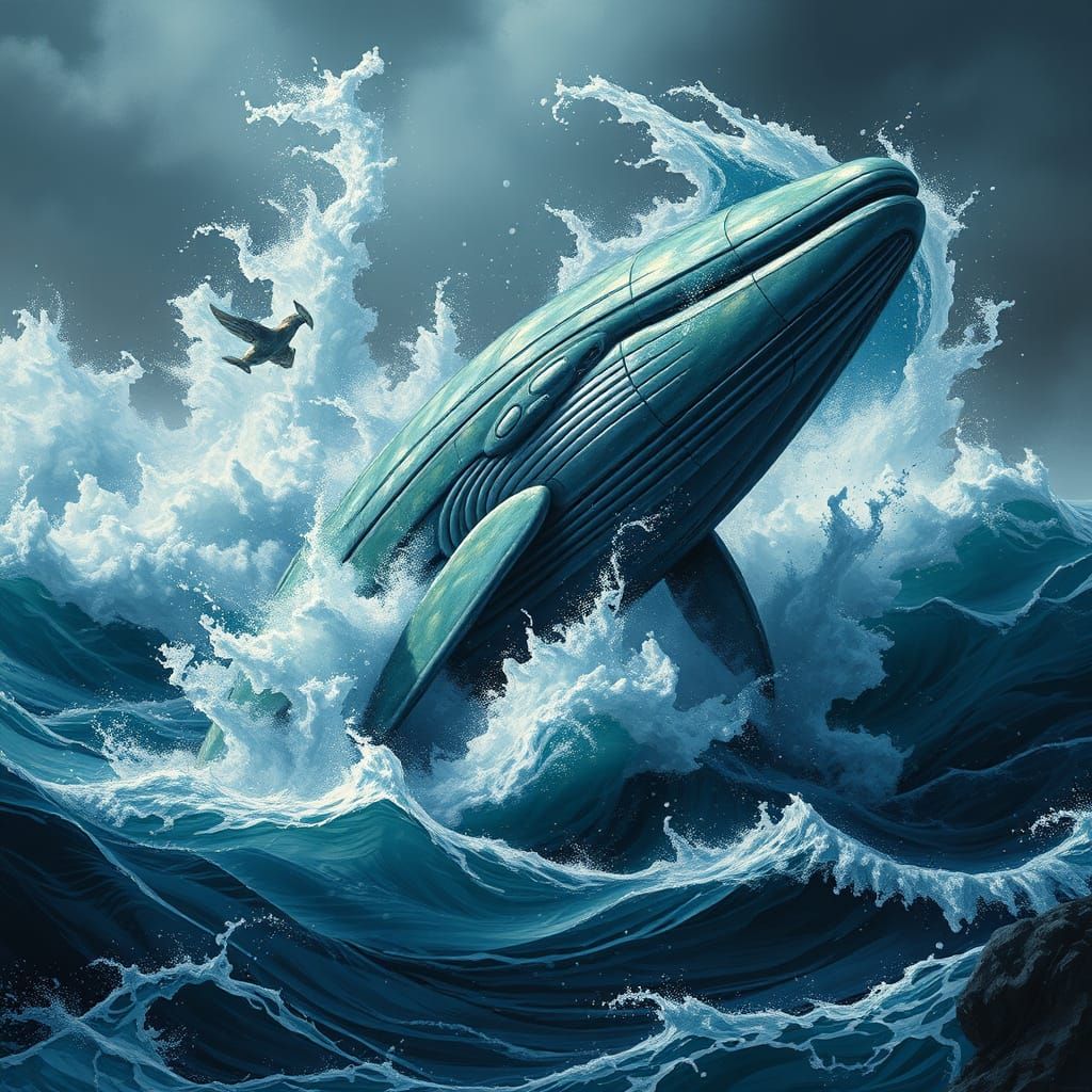 Majestic Digital Whale in Turbulent Seas