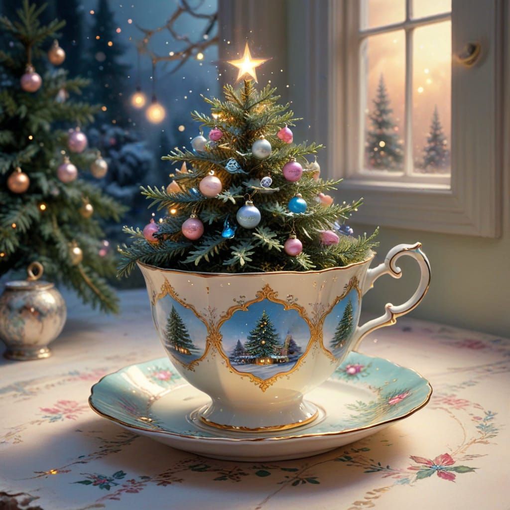Christmas Tree Grows From Teacup in Whimsical Watercolour St...