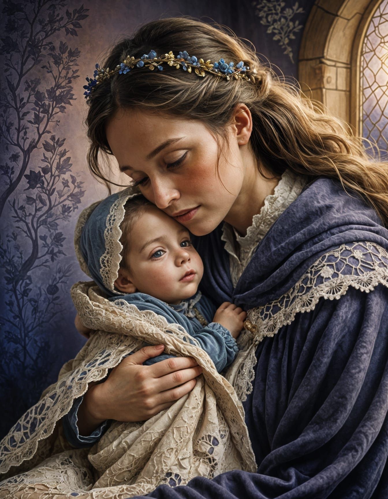 Mother's Gentle Embrace in Whimsical Fairytale Style