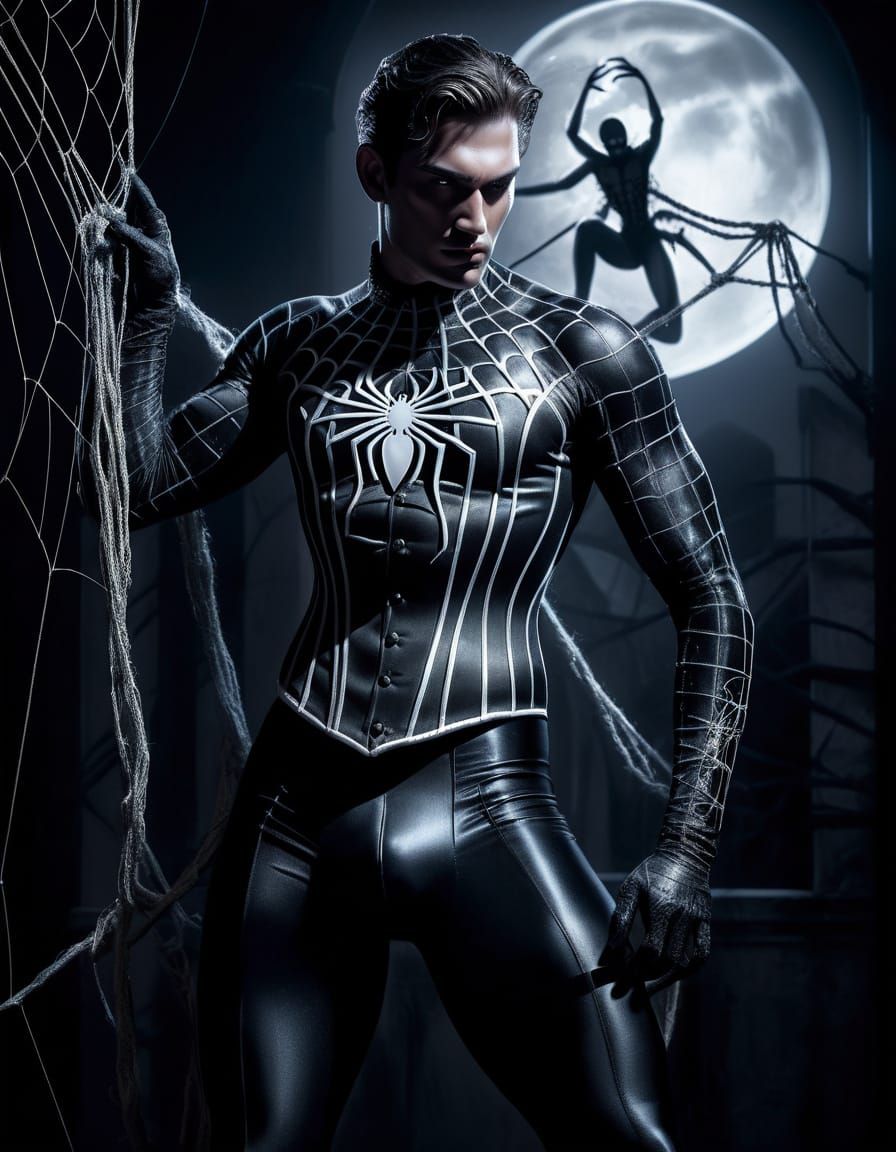 Spider-Themed Pin-Up Over Entangled Man