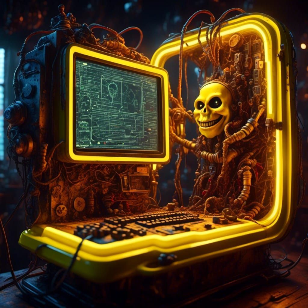 Giant Computer Screen with Evil Smile in Psychedelic Style