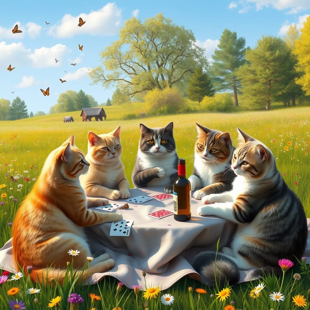 Felines in a Whimsical Meadow