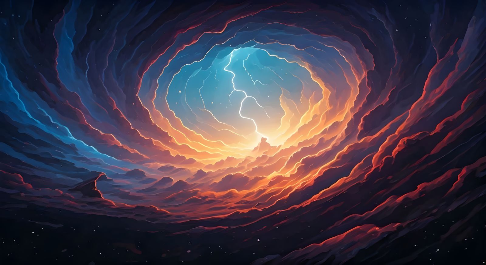 Ominous Lightning Storm over Galaxy in Gouache Style