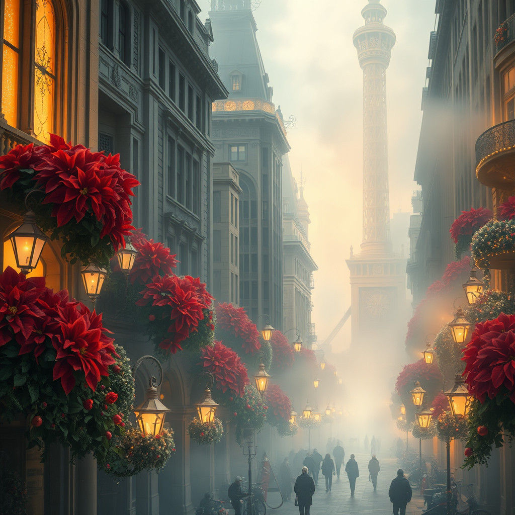 Magical Christmas Cityscape with Poinsettias in Ethereal Sty...