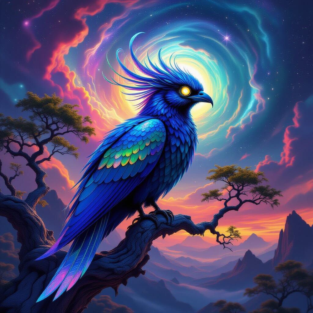 Bioluminescent Alien Bird on Crystalline Tree