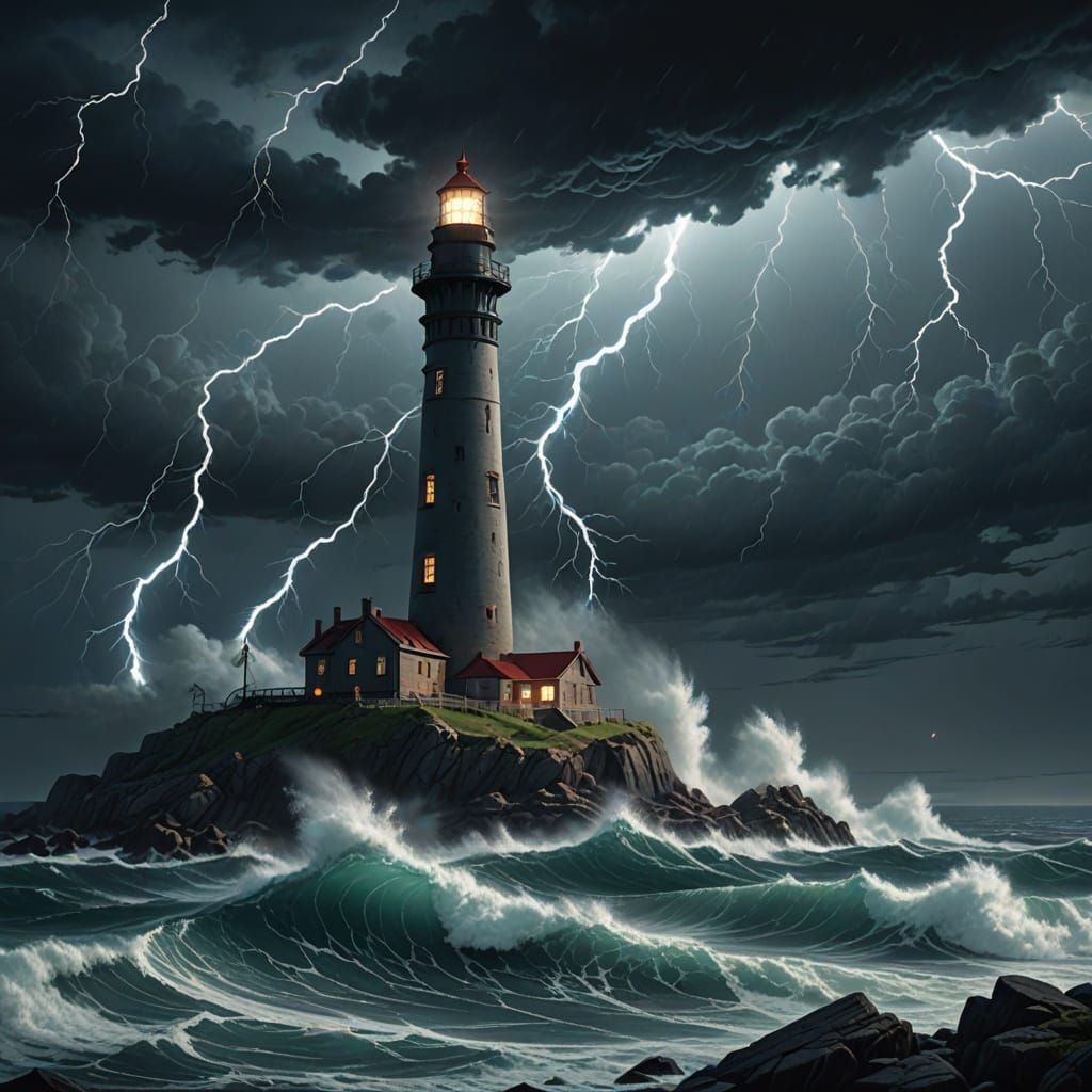 Lighthouse Fortress Reveals Sea Monster in Storm