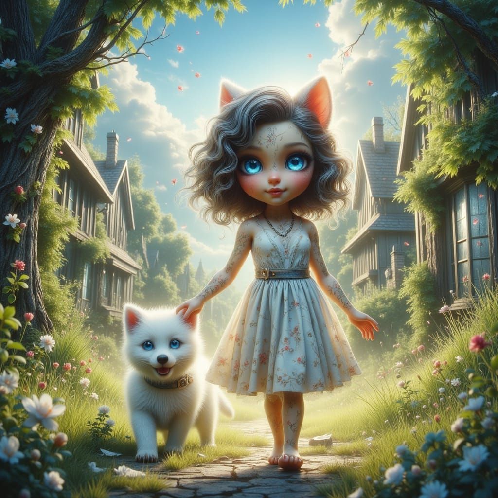 Girl with Dog in Whimsical Watercolor Style