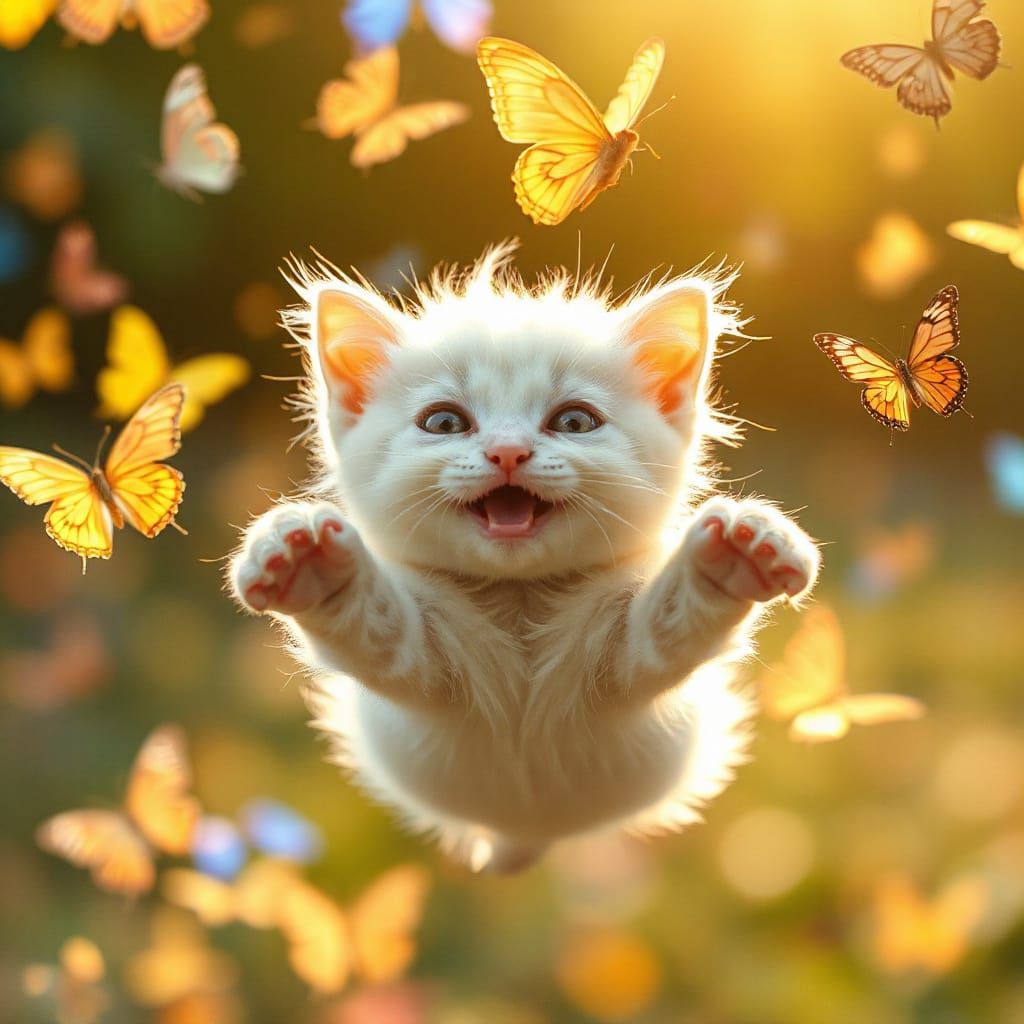 Whimsical Kitten in a Kaleidoscope of Butterflies