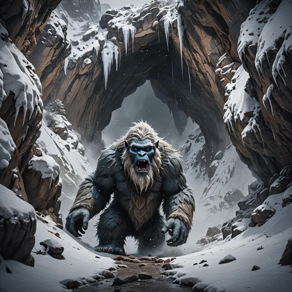 Yeti Emerges from Cave in Heavy Snow
