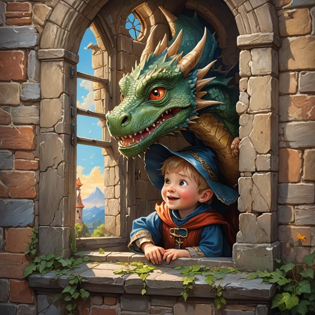 Toddler Wizard Hugs Dragon: Fairy Tale Illustration