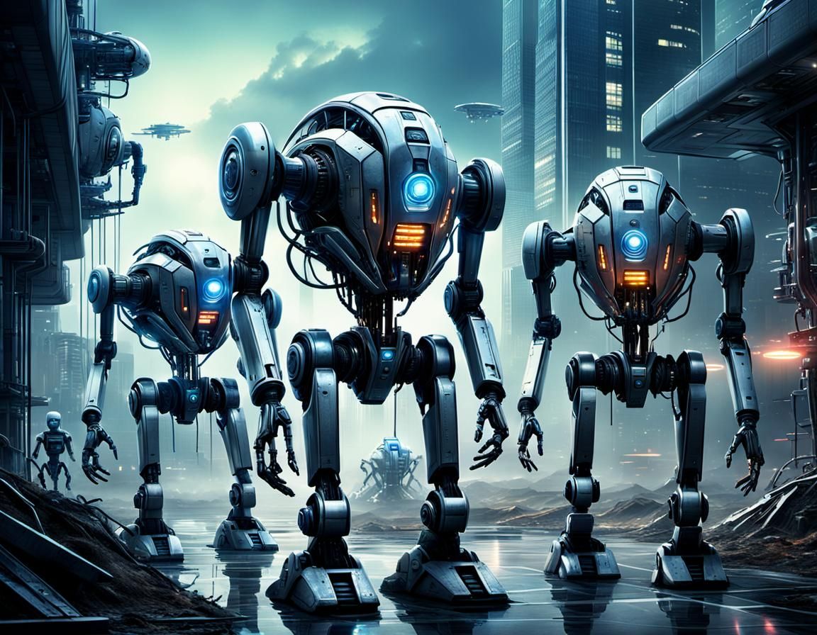 Slender Robots Tend Mother-Brain in Sci-Fi Landscape