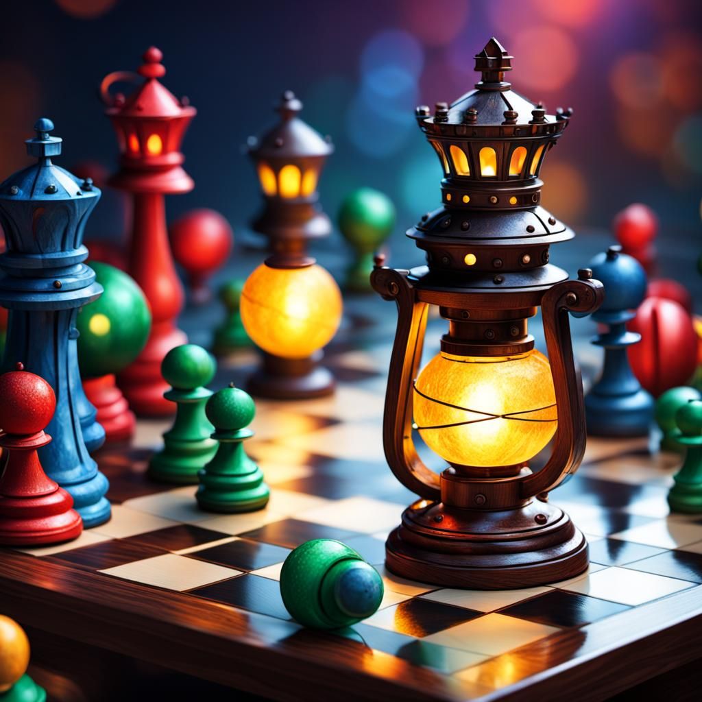 Lanterns on Chess Table: Hyperrealistic Concept Art
