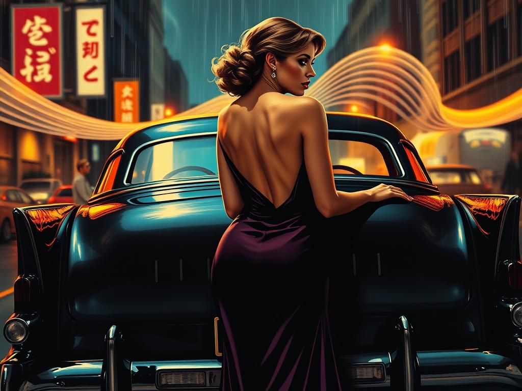 Film Noir Woman on Vintage Car