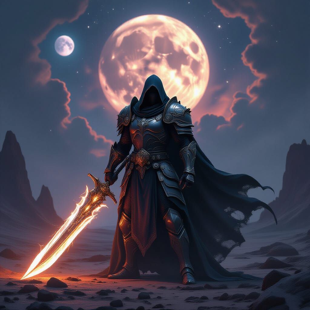 Dark Fantasy Warrior on Alien Planet Under Nebula Sky