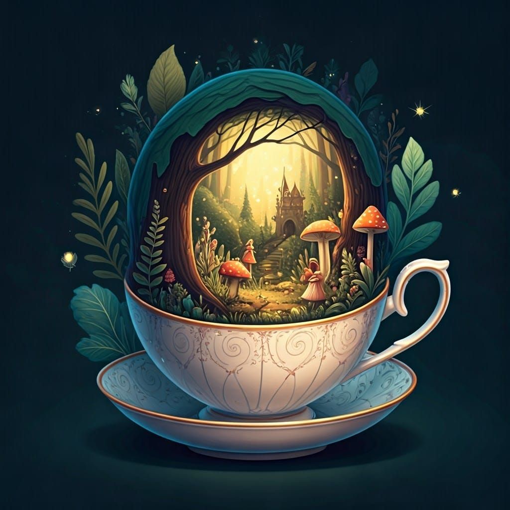 Fairy Tale World in Teacup: Watercolor Illustration